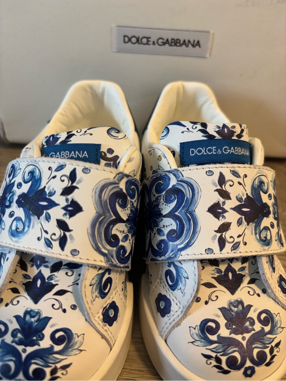 Dolce & Gabbana White Sneakers with Blue Ornamental Print